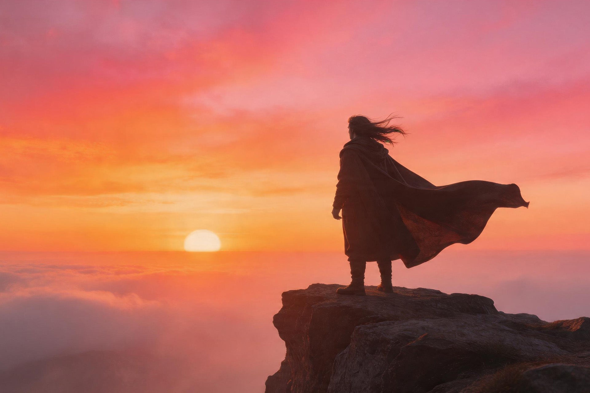 A man standing on the edge of a cliff wearing a flowing cape, looking at a beautiful sunset
