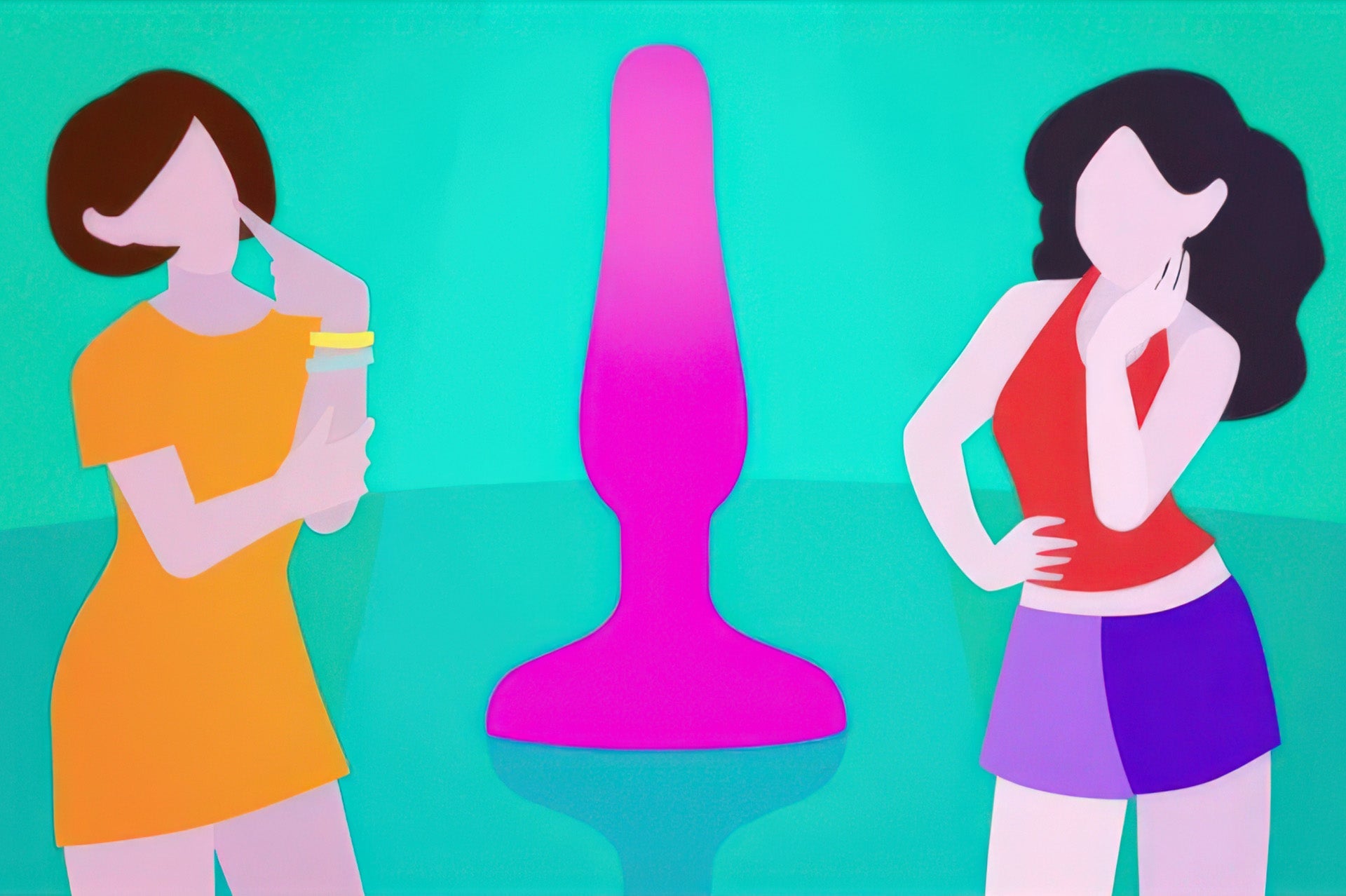 Colorful animation of two faceless women flanking a large pink anal plug on a teal background.
