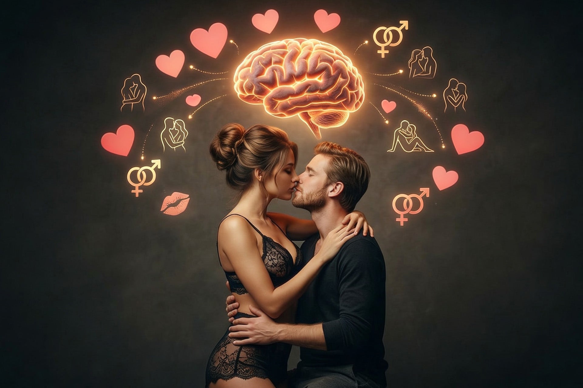 A glowing brain surrounded with heart and sex position icons above a couple embracing
