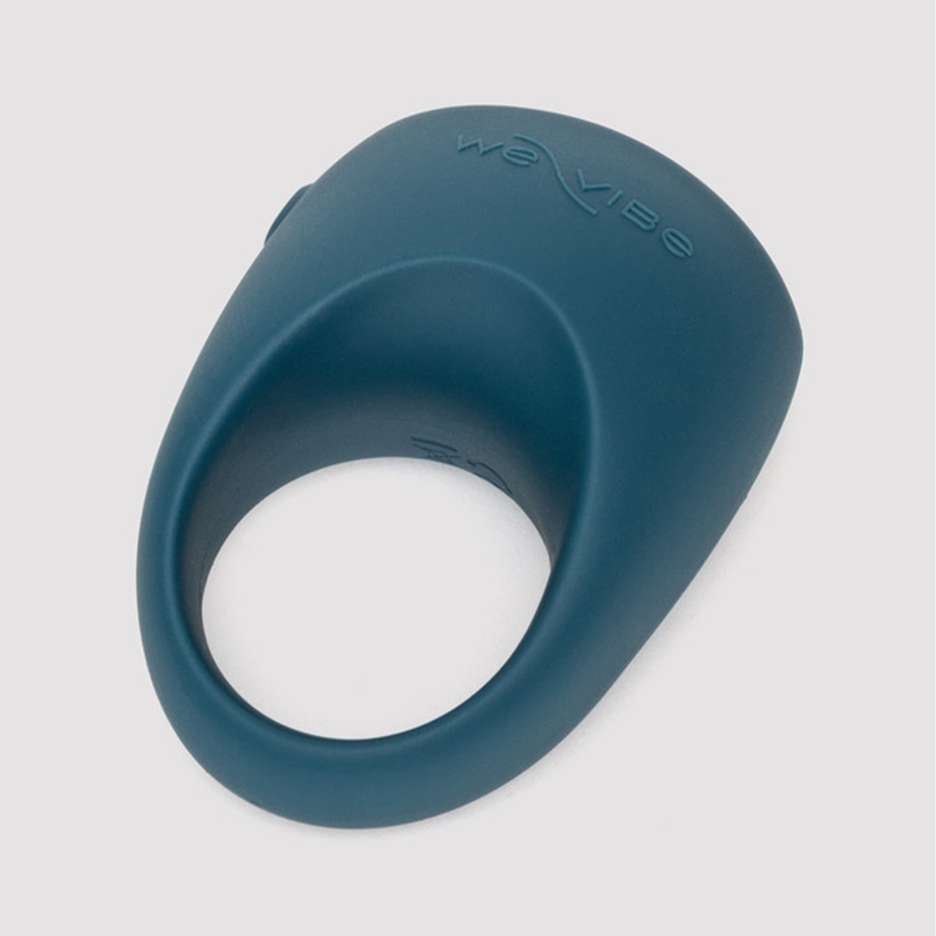 Blue silicone ring with 'We-Vibe' branding on a light gray background