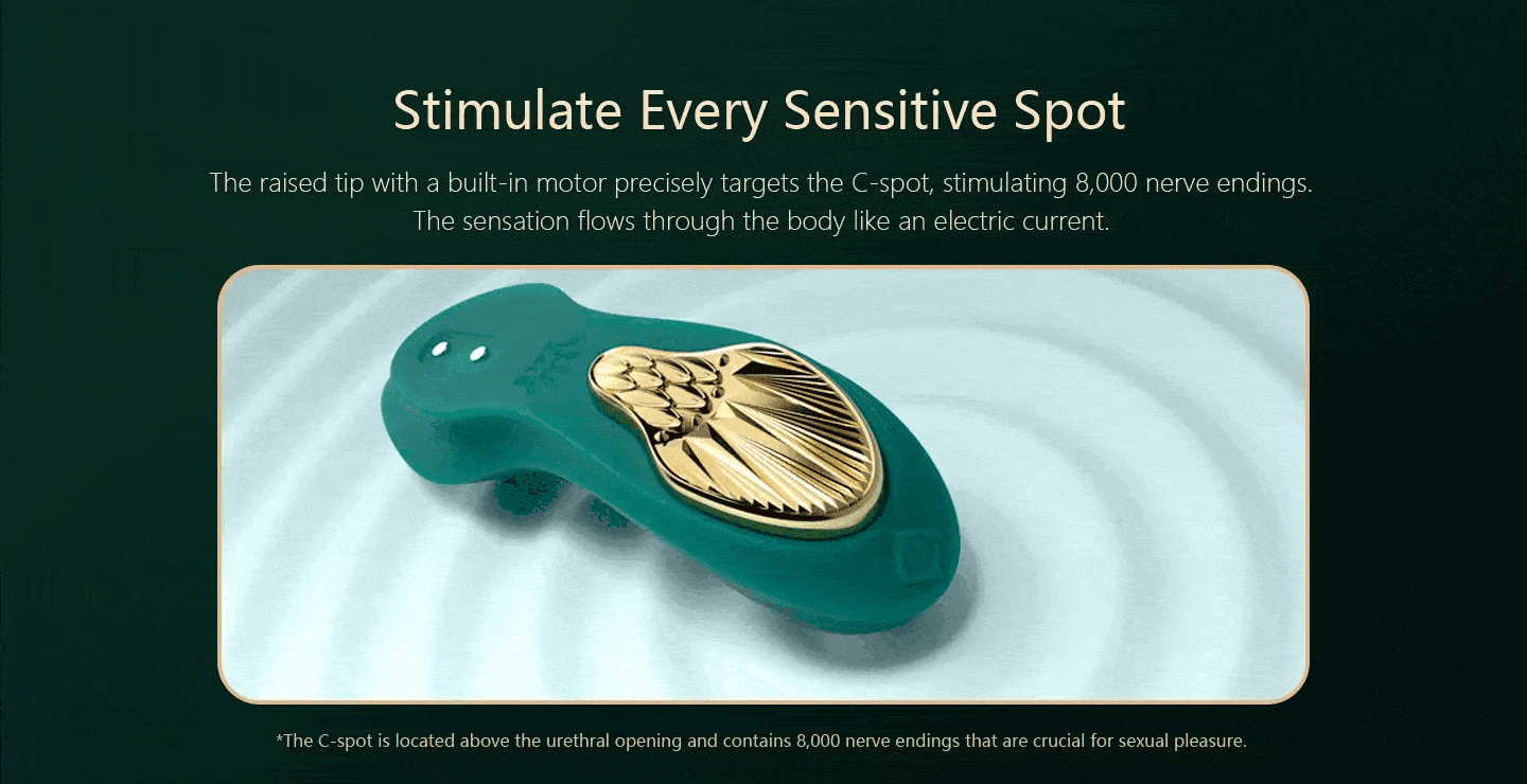 Animated GIF showing vibrations of wearable vibrator with promotional text