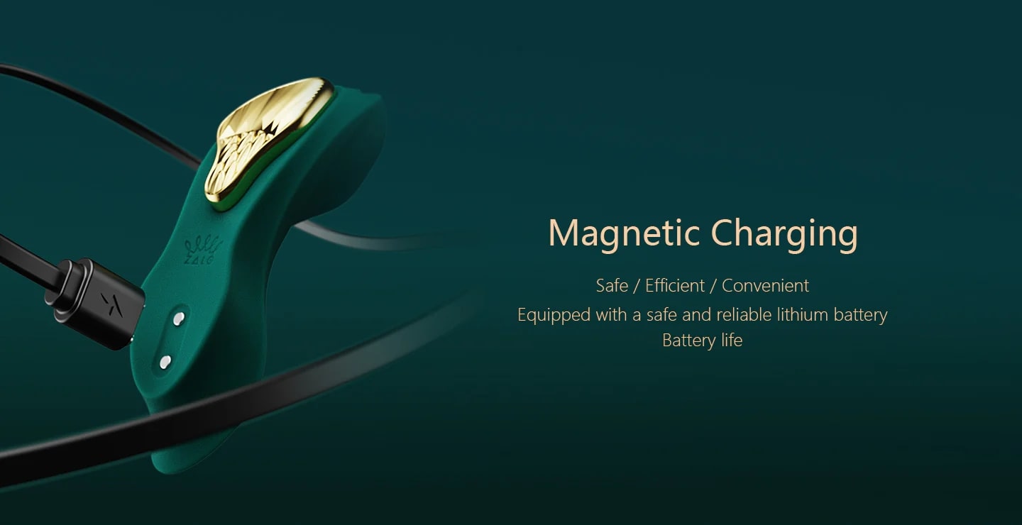 Green electronic device with gold accents on a dark green background, featuring text about magnetic charging.