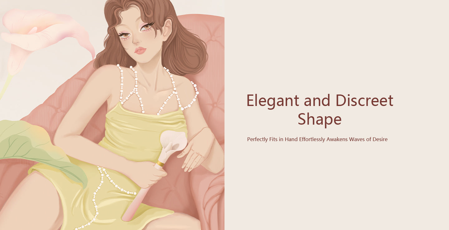 Illustration of a woman in a yellow dress sitting on a couch with text about an 'Elegant and Discreet Shape'.