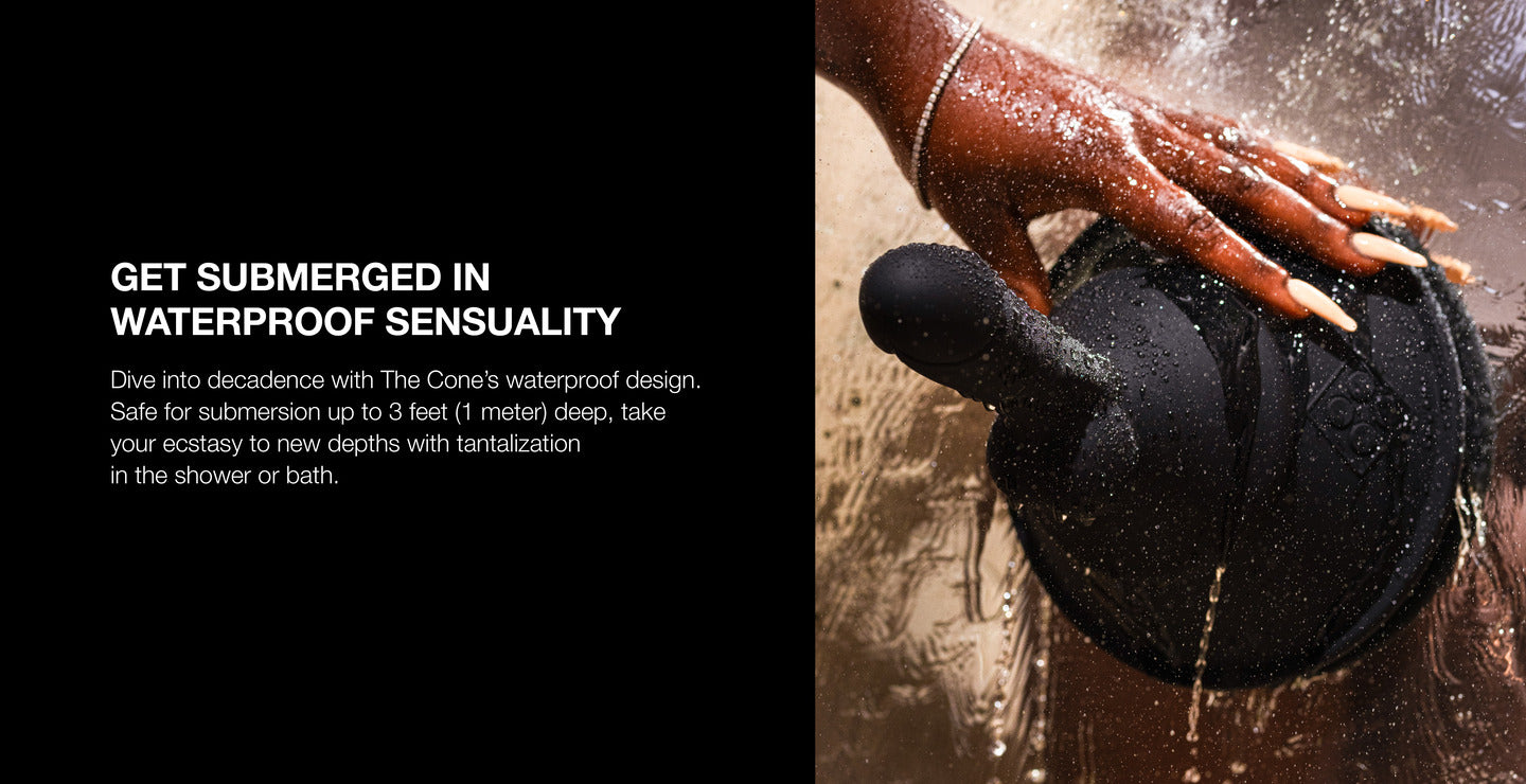 Hand holding a black waterproof device with text about its features on a dark background