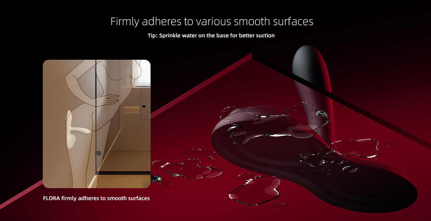 Product adhering to a surface with water droplets on a red background