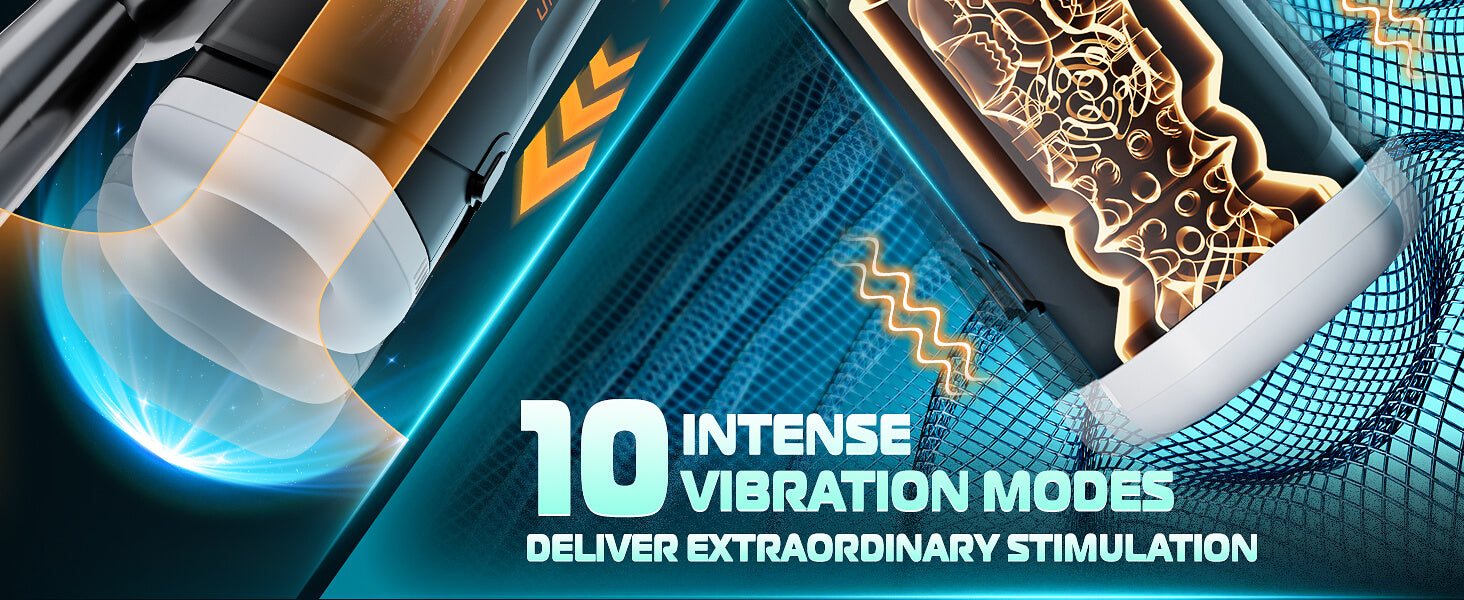 Product with intense vibration modes text on a blue and orange background