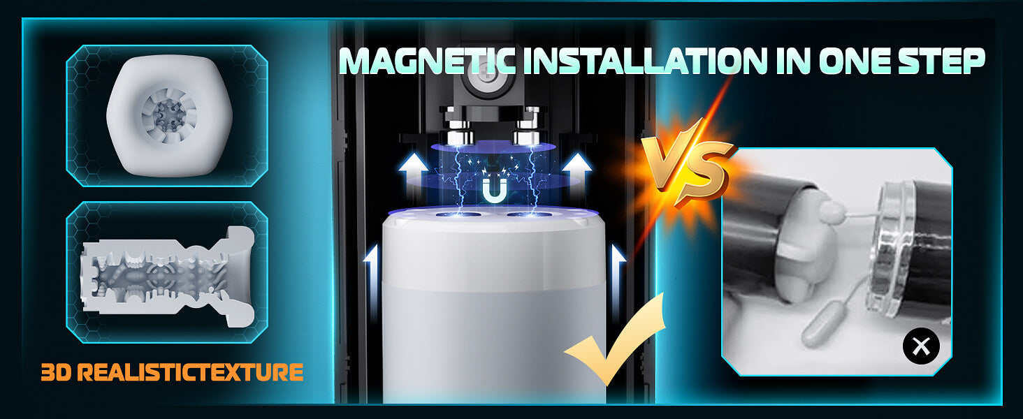 Advertisement showcasing magnetic installation process with text and graphics on a dark background