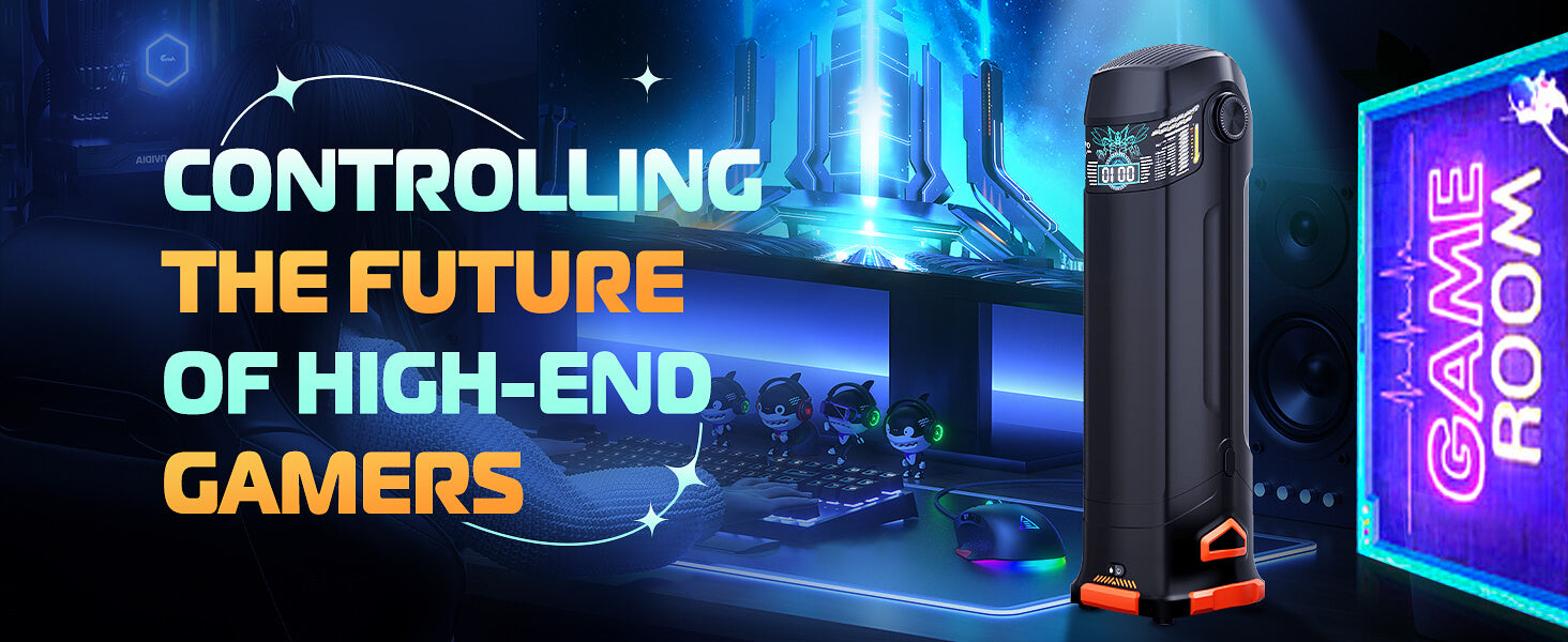 Electronic device with text about controlling the future of high-end gamers in a gaming setup.