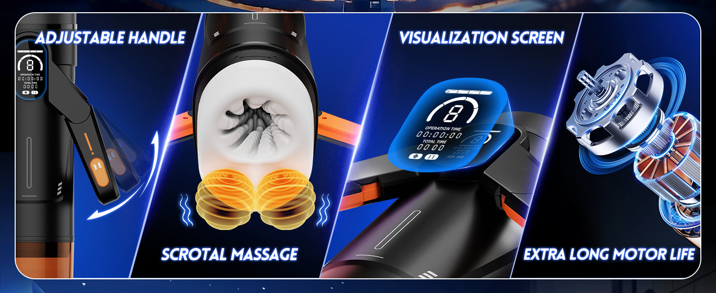 Product features with adjustable handle, scrotal massage, visualization screen, and extra long motor life on a blue background.