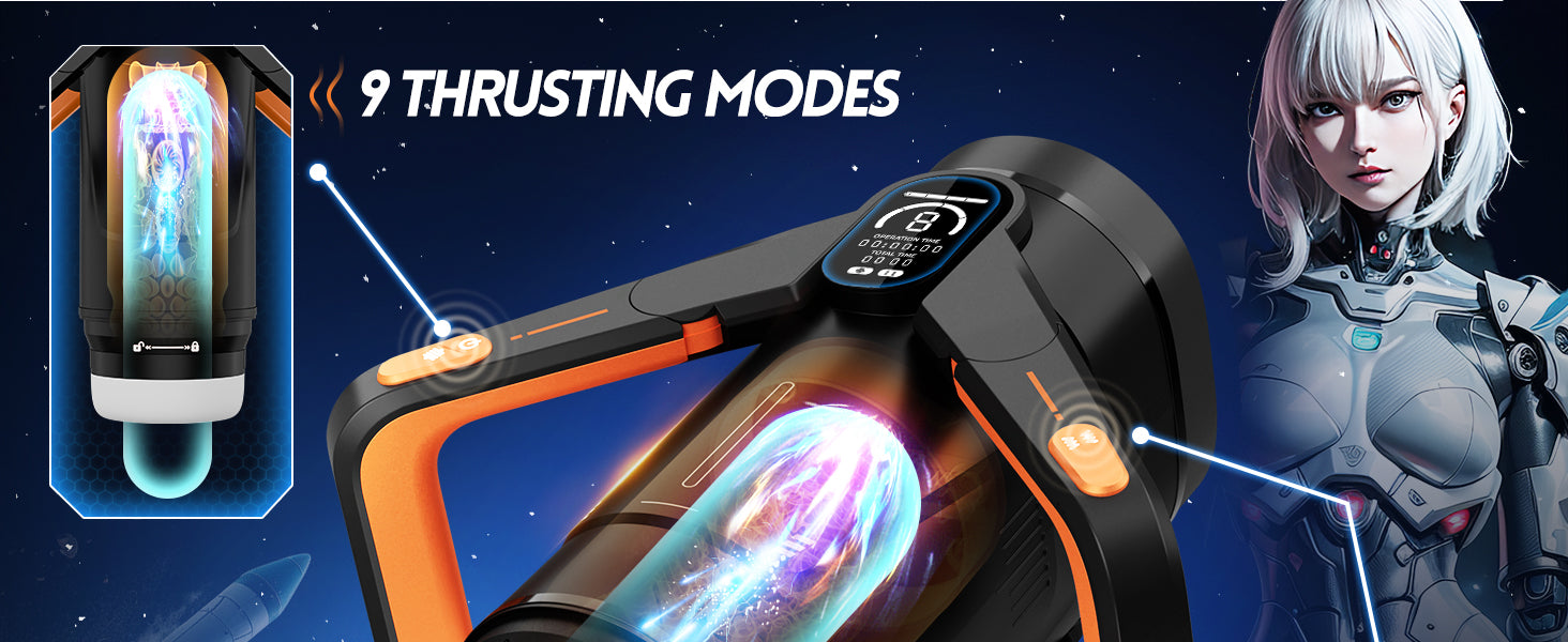 Futuristic device with glowing elements and a digital display, featuring 9 thrusting modes on a space-themed background.