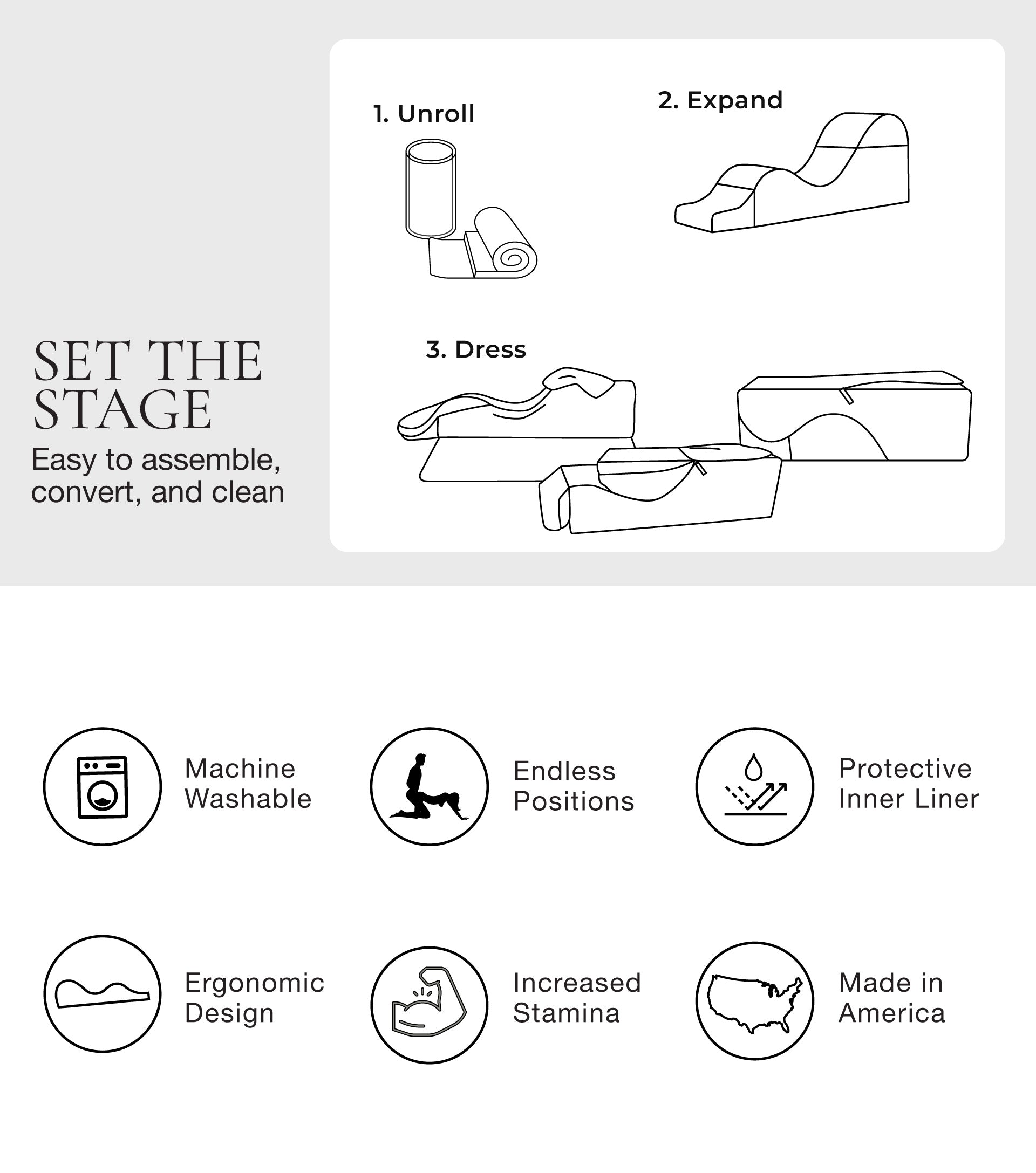 Instructions for setting up and using a curved chaise with icons and text on a white background.