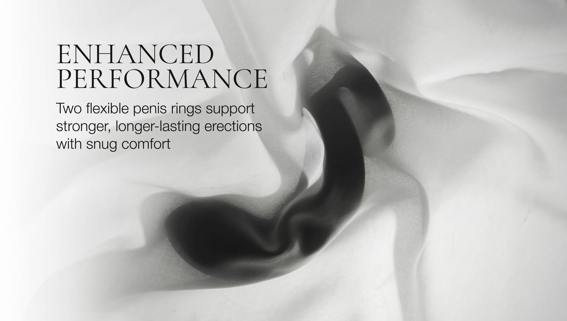 Black flexible penis ring on a white background with text about enhanced performance.