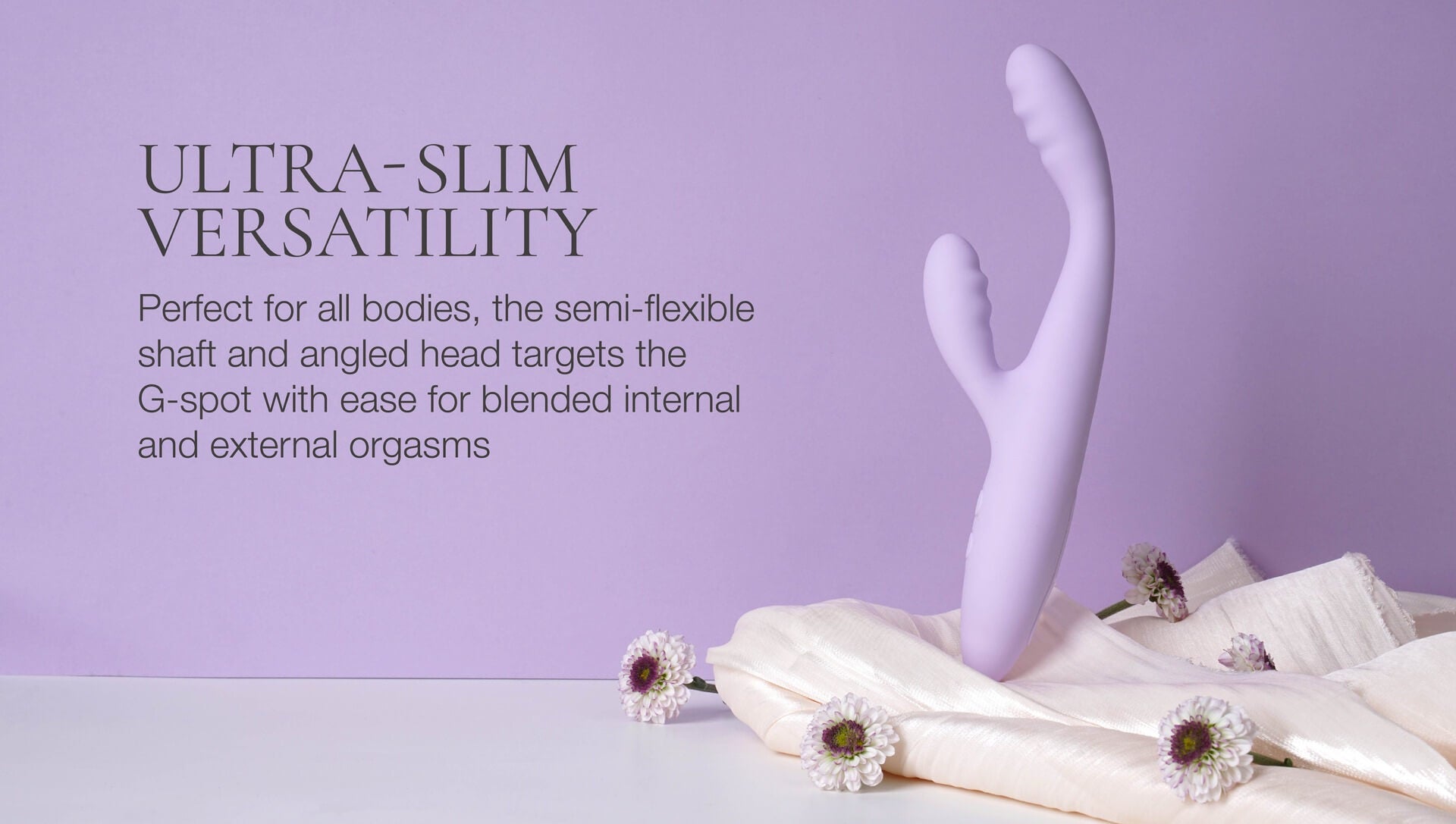 Rabbit vibrator with angled head on a purple background, text about ultra-slim versatility.