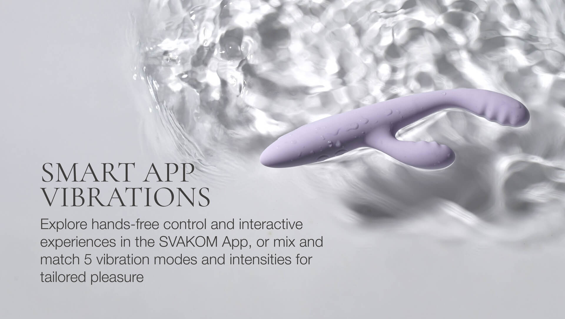 Purple silicone vibrator with text about smart app vibrations on a gray background