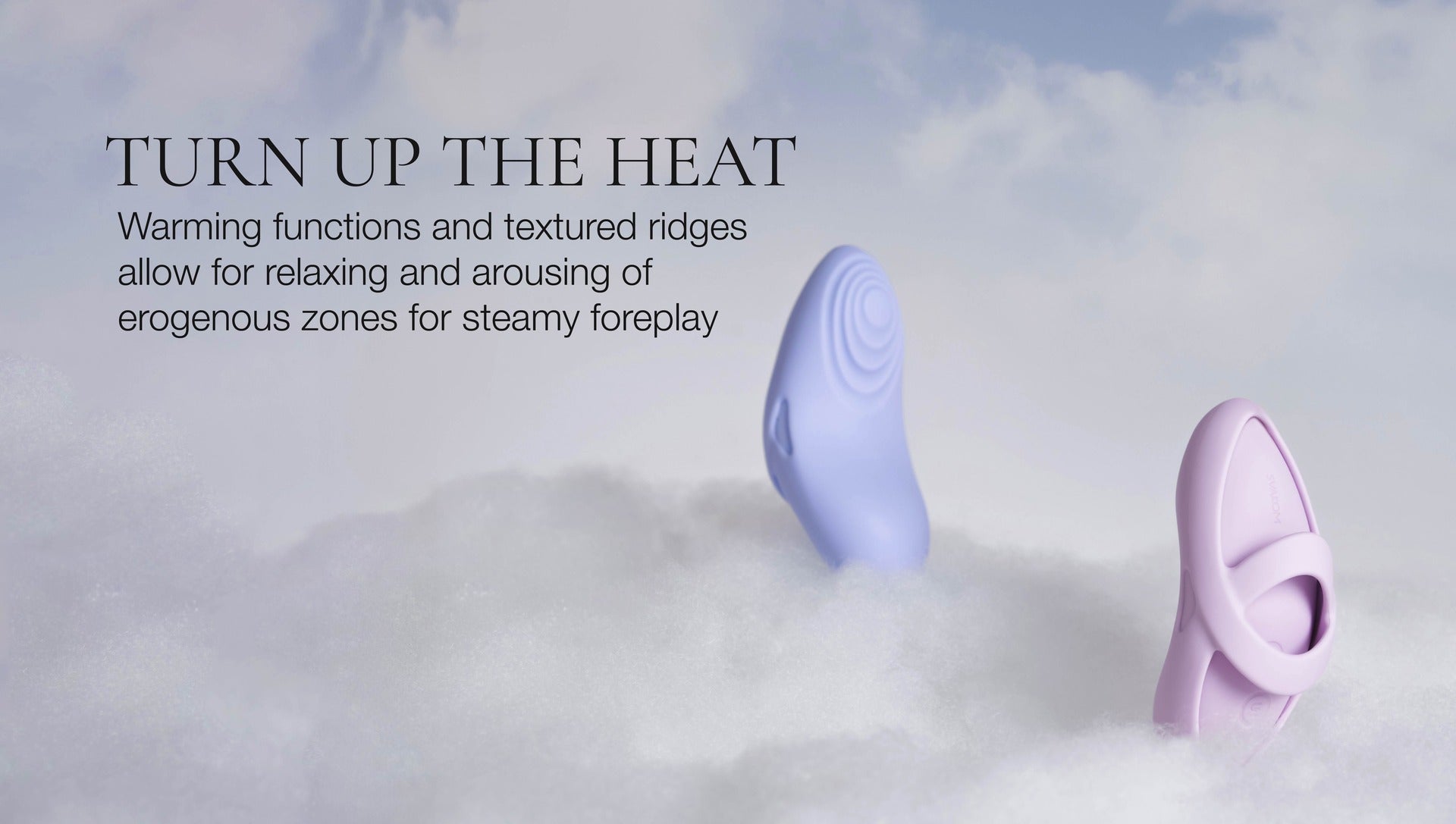 Two purple sex toys on a cloud-like background with text about warming functions and textured ridges.