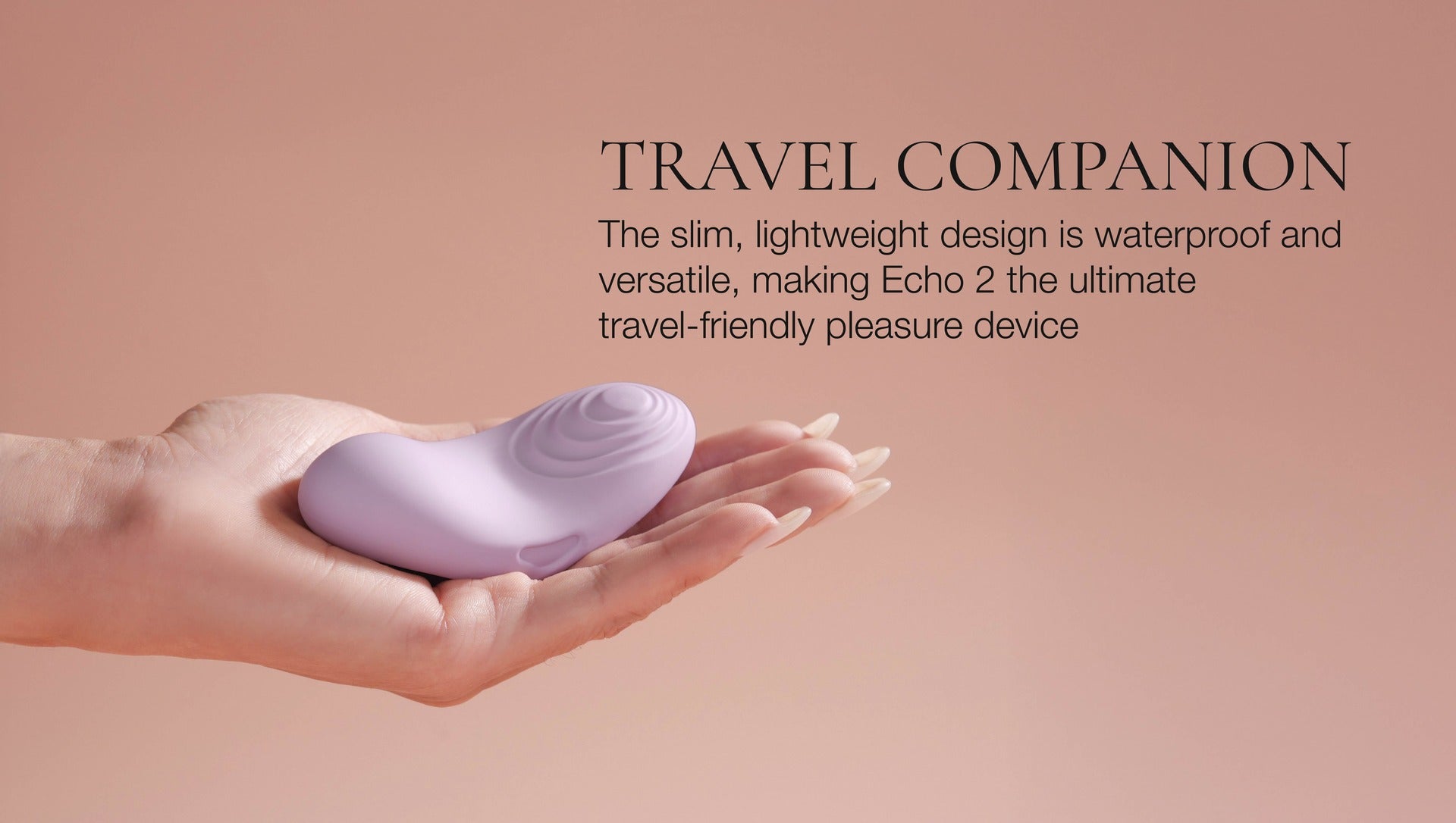 Hand holding a small, purple vibrator with text about its travel-friendly design on a beige background