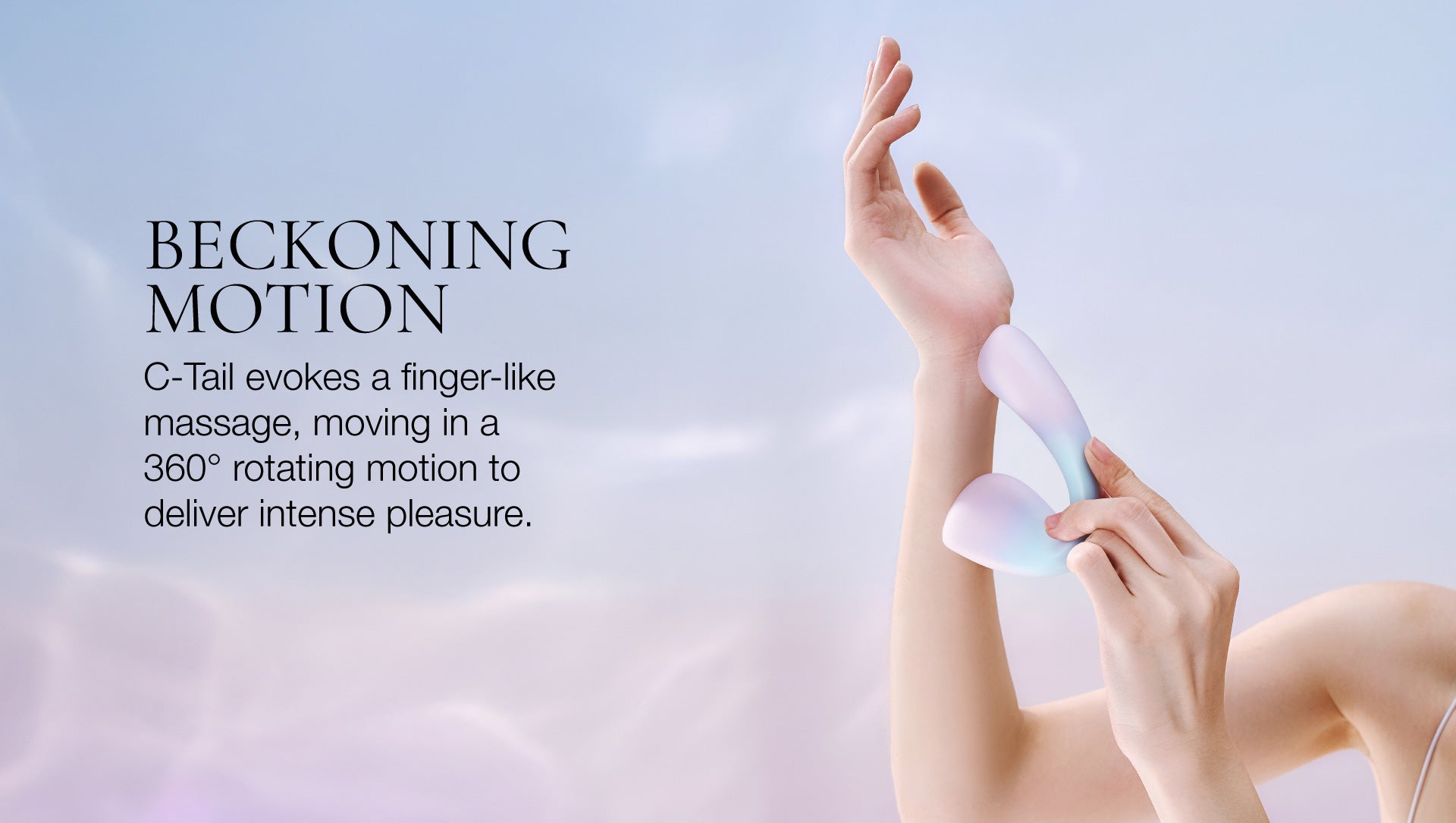 Person holding a C-Tail vibrator with text describing its features on a light background