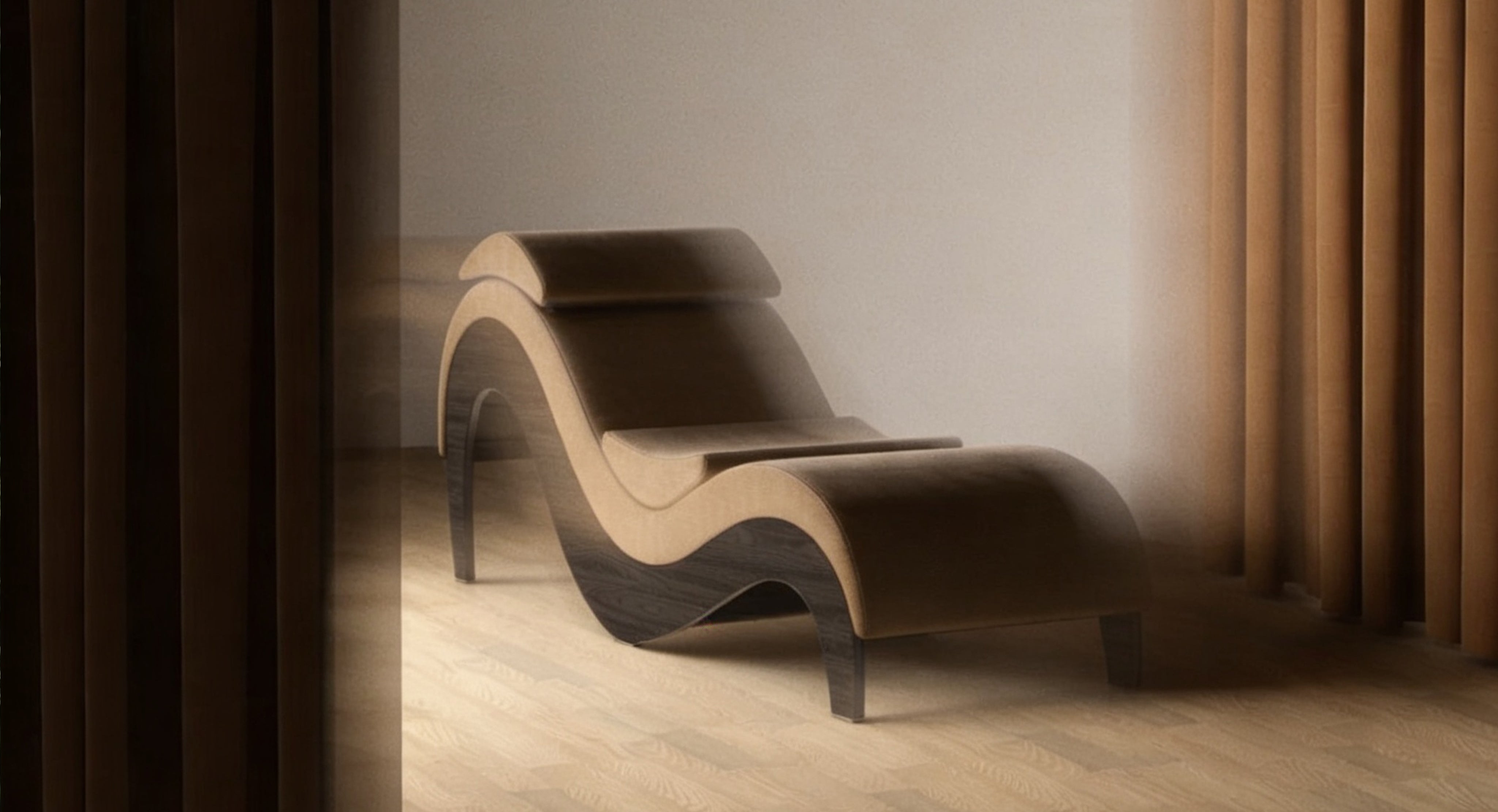 Modern chaise lounge in a minimalistic room with curtains