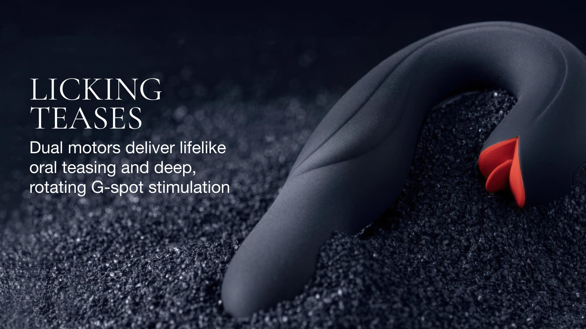 Sexual product with text describing dual motors and stimulation features on a dark background