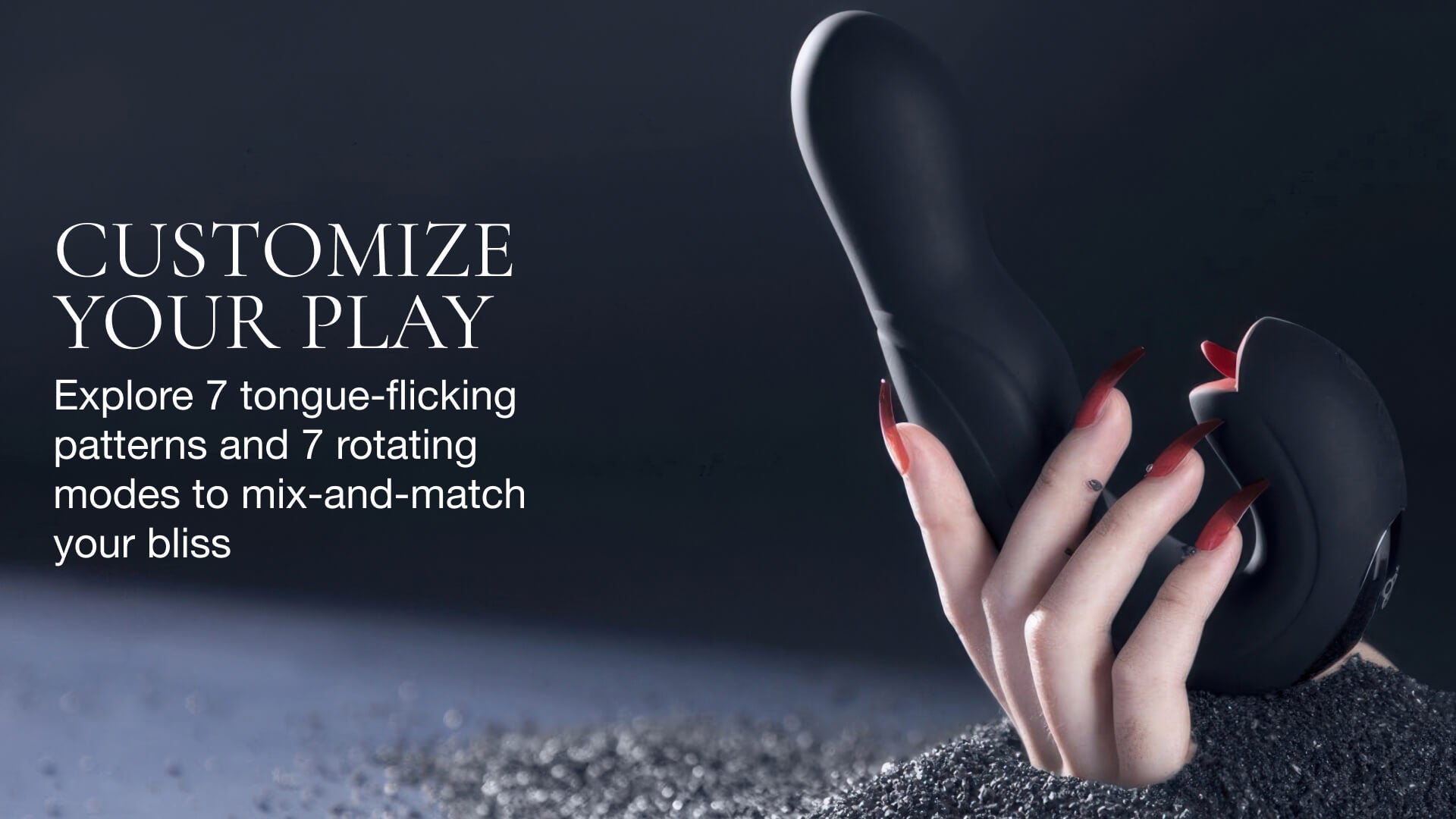 Hand holding black sex toy alongside promotional text