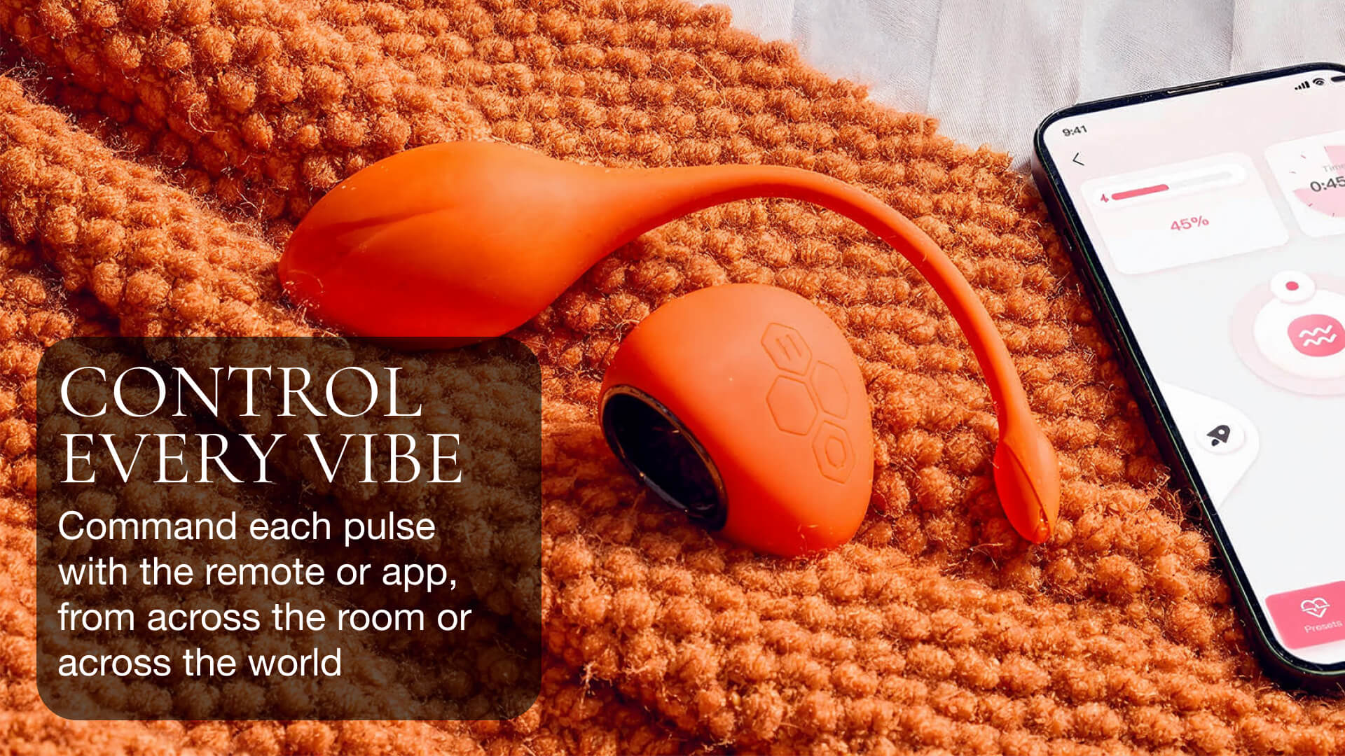 Orange electronic device with remote control on a textured surface, accompanied by text about remote control functionality.