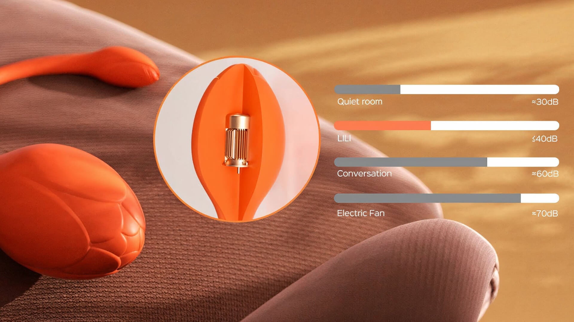 Close-up of a motor and its noise rating indicators on a textured surface.