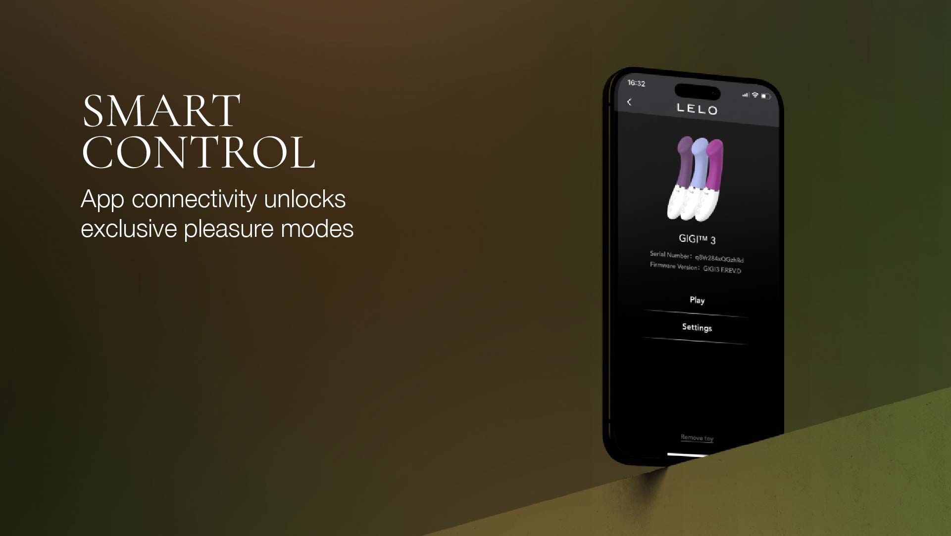 Smart control app on a smartphone with text about app connectivity and exclusive pleasure modes.