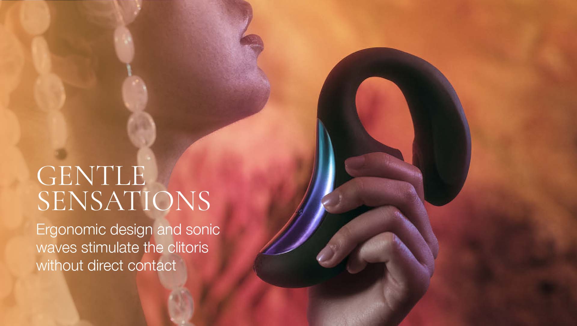 Product with text about gentle sensations and ergonomic design on a blurred background