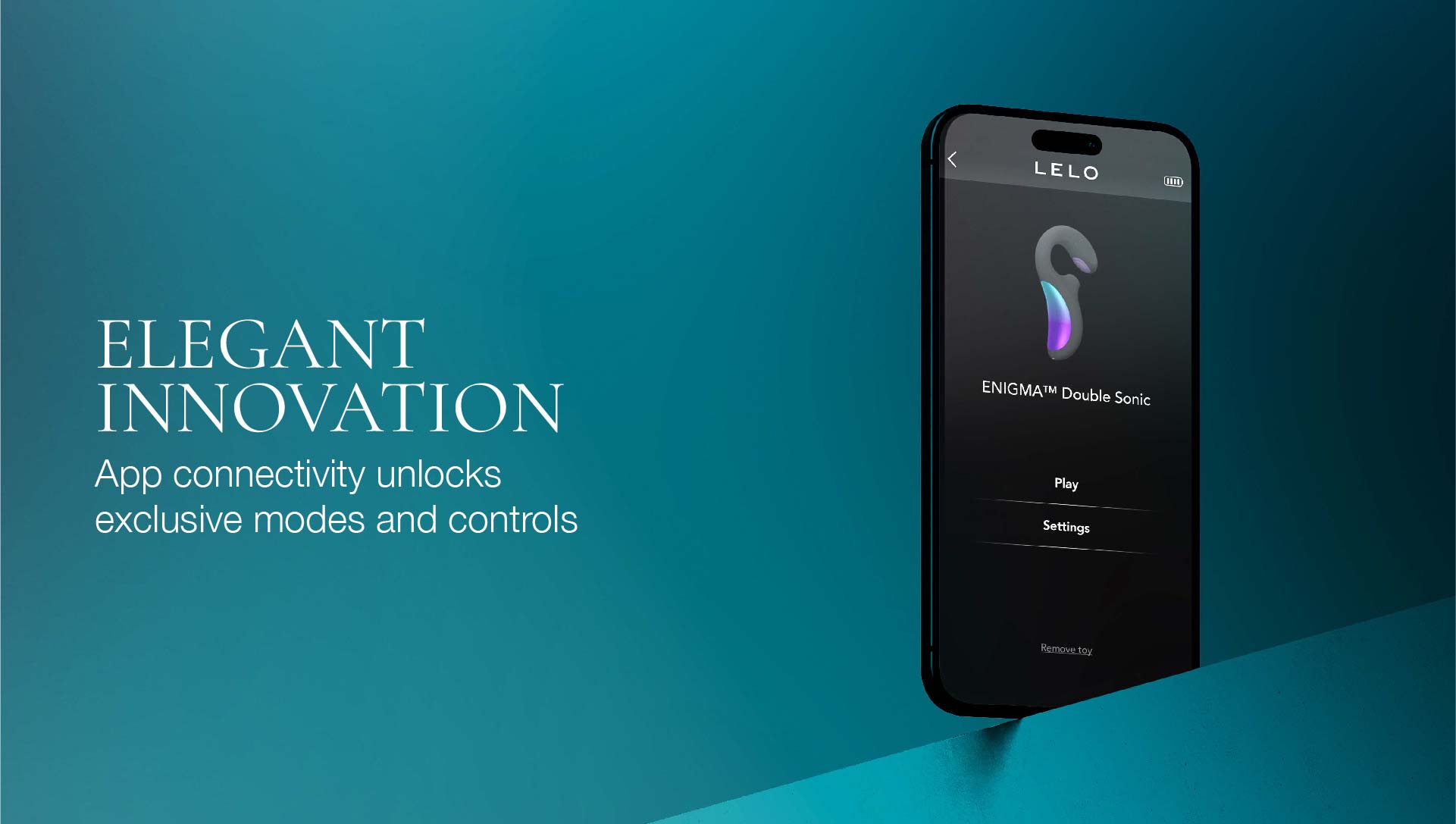 Smartphone displaying a LELO app on a blue background with text about app connectivity.