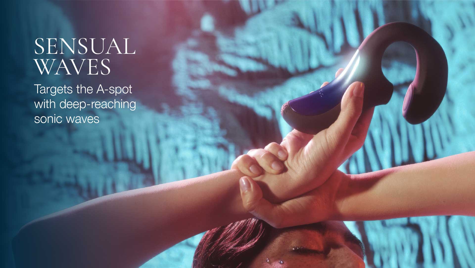 Hand holding a purple and black device with text about 'Sensual Waves' targeting the A-spot.