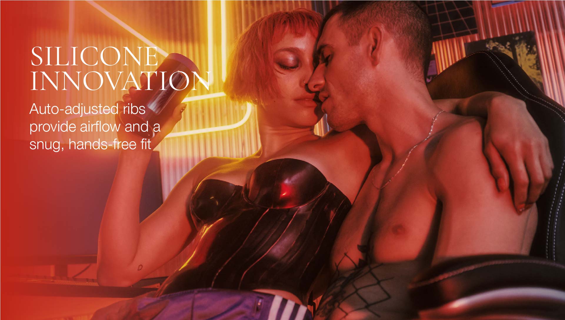 Two people embracing with text about silicone innovation and auto-adjusted ribs.
