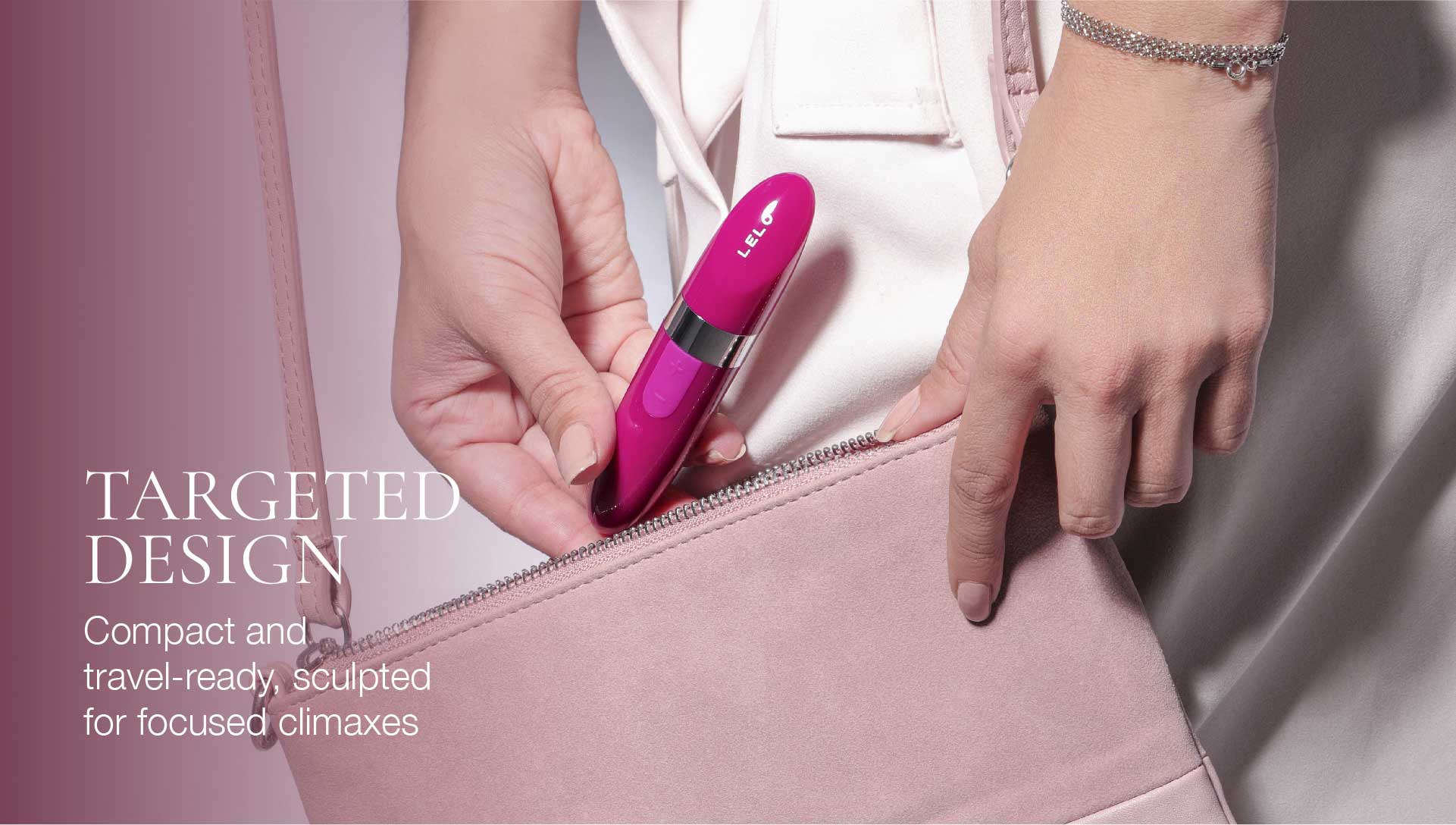Person holding a pink and silver vibrator next to a pink pouch with text about targeted design.