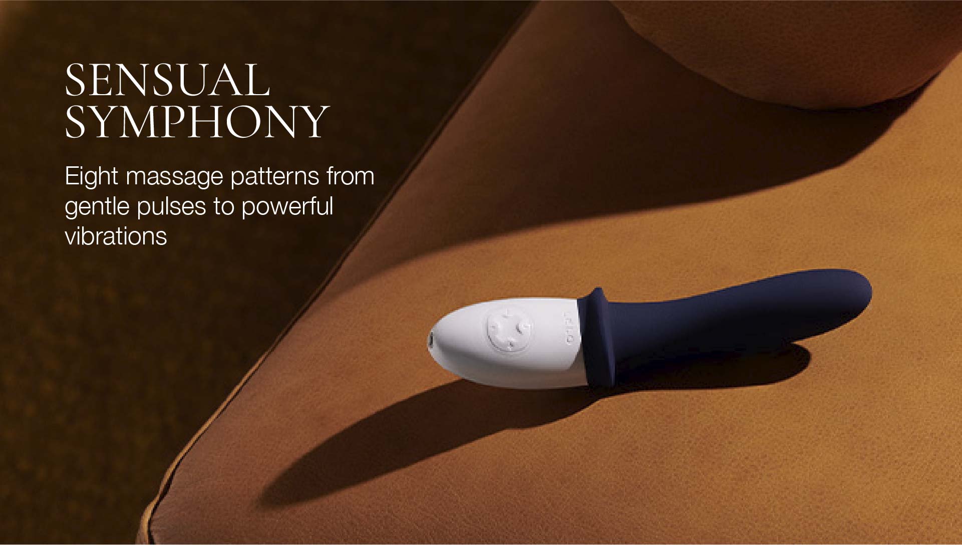 Massage device on a brown surface with text about massage patterns.