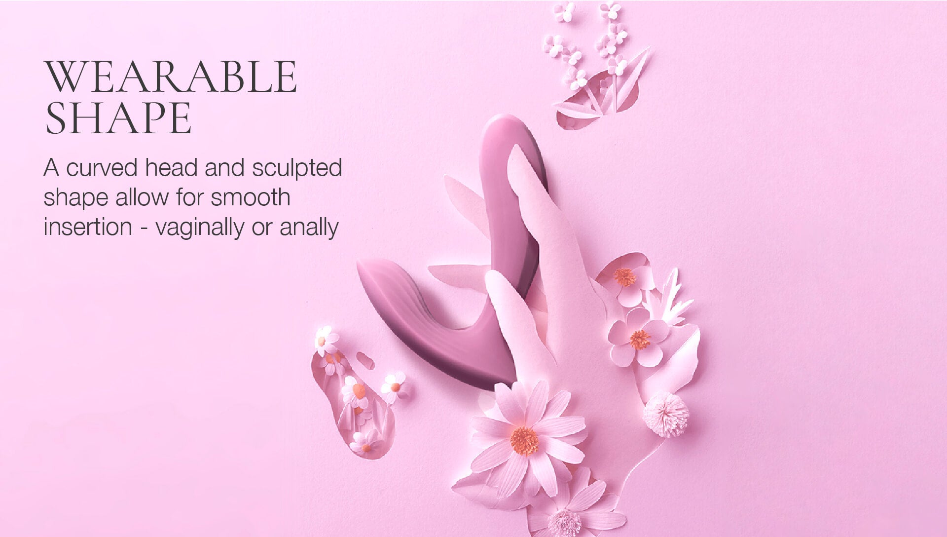 Wearable shape product with floral elements on a pink background