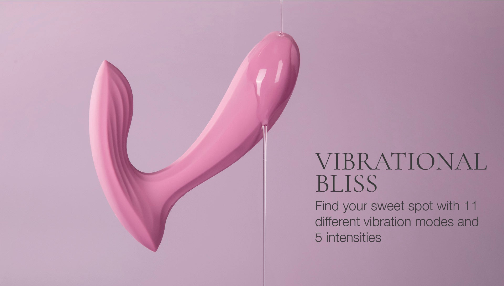 Pink vibrational device on a light purple background with text about vibration modes and intensities.