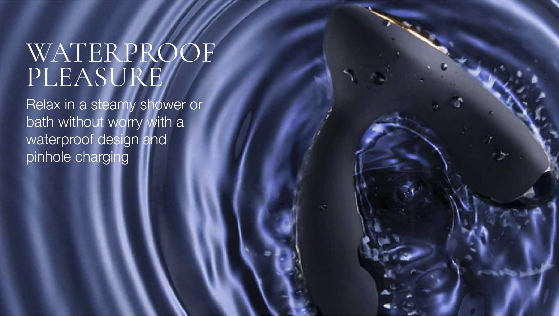 Black electronic device with water droplets on a blue water background, featuring text about waterproof design.