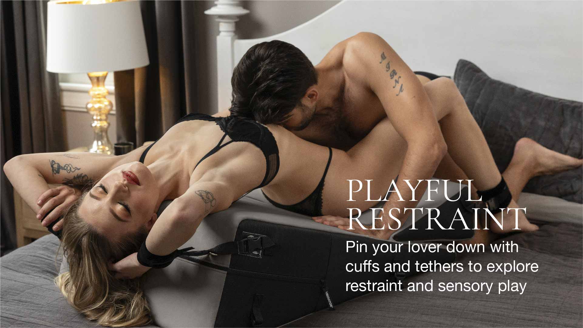 Two people in a romantic pose with text about playful restraint.