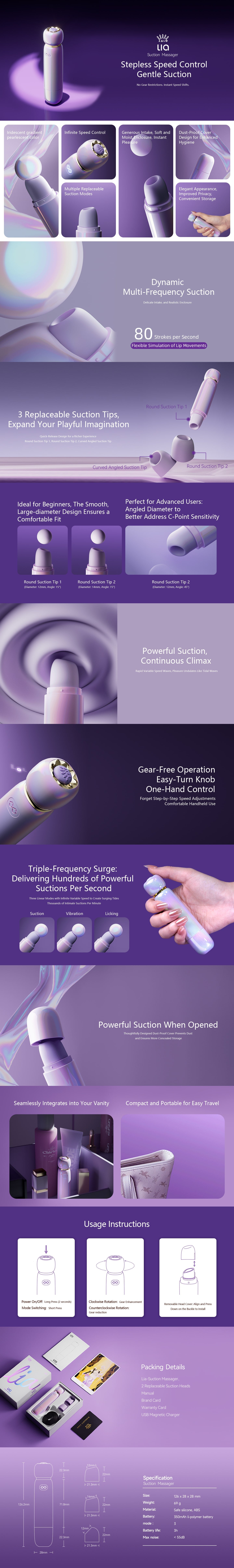 Collage of images featuring a vibrator with a focus on its design and features.
