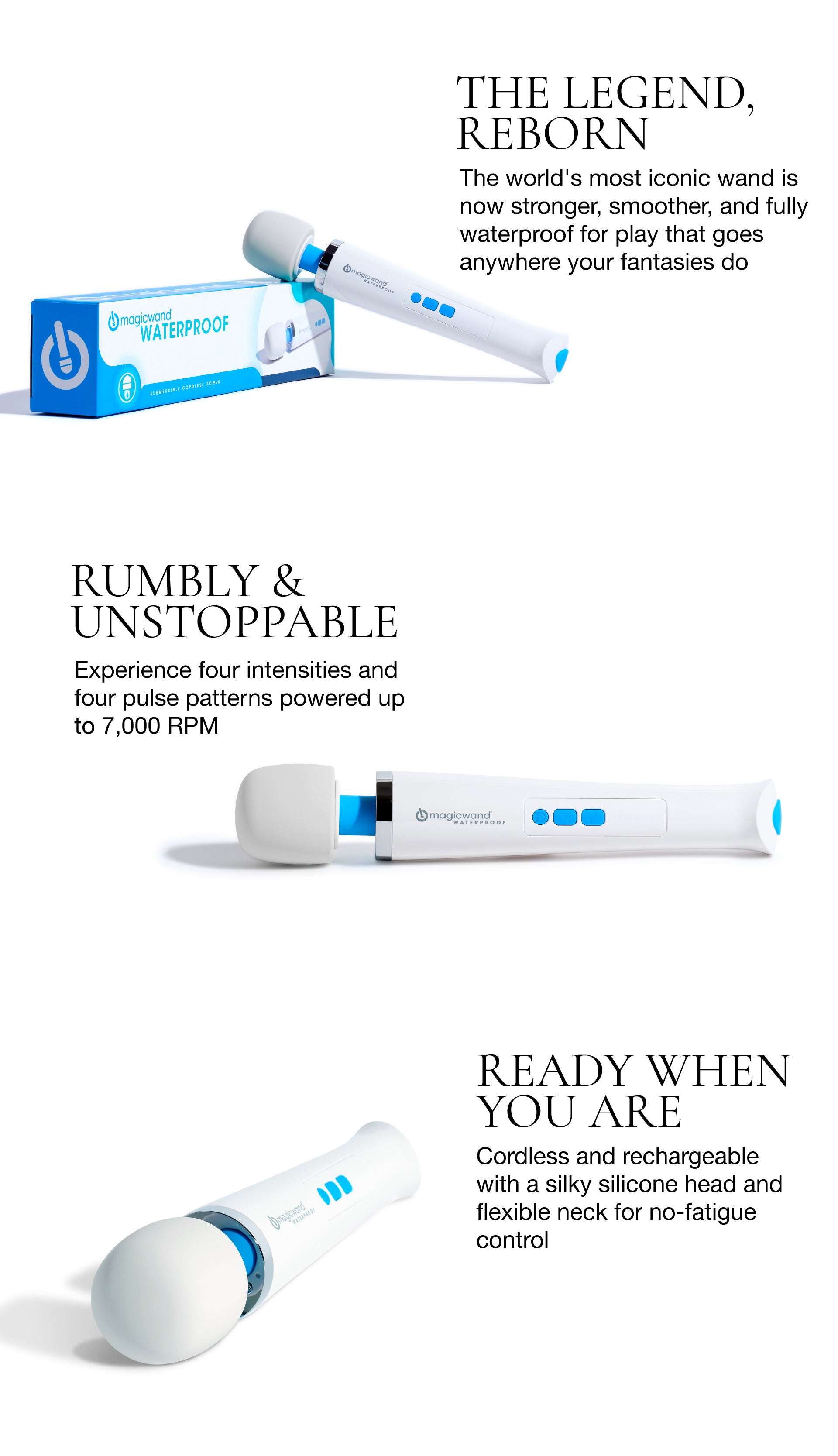 White handheld device with blue accents on a white background, featuring text about its features.