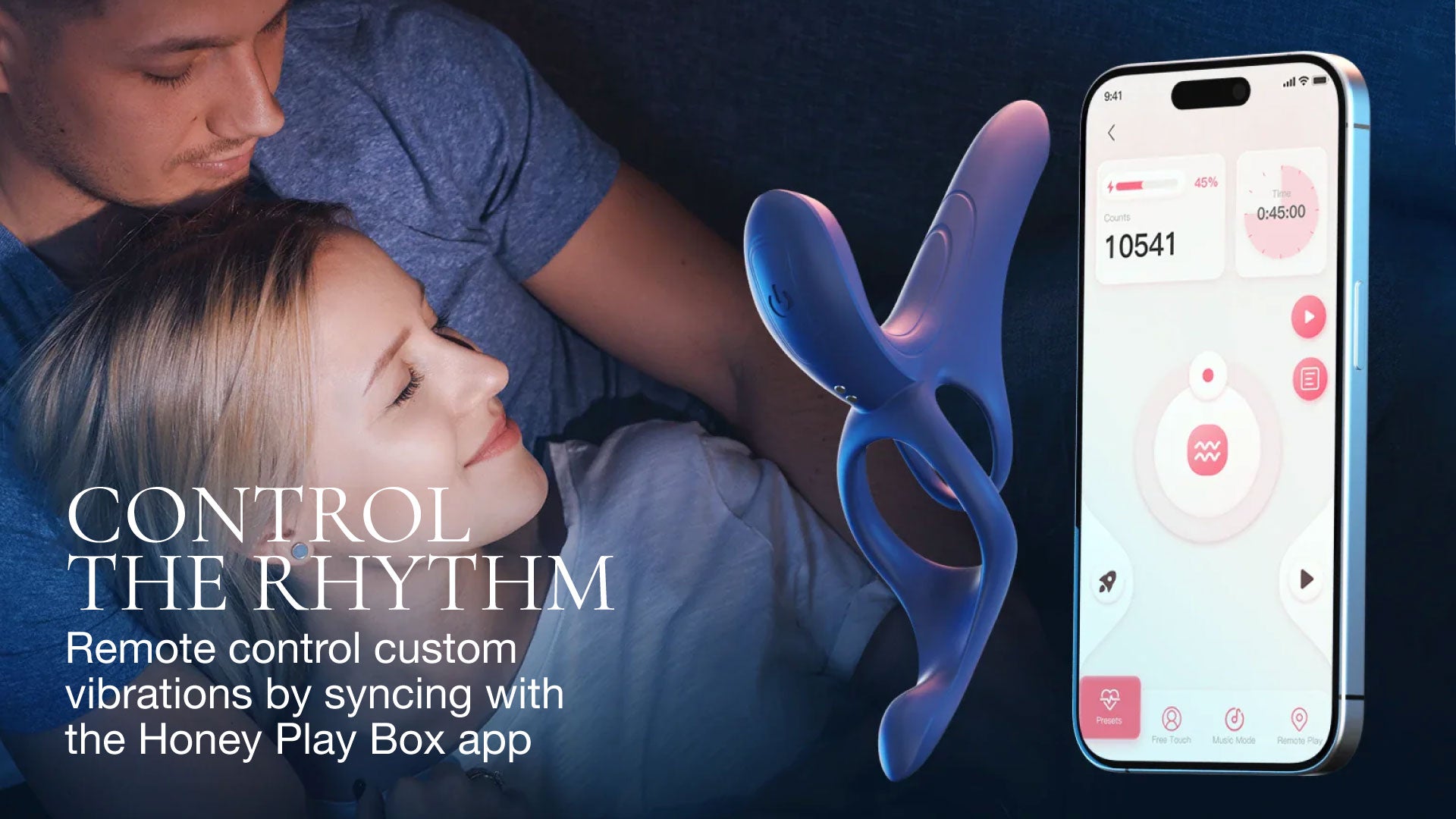 Couple in bed next to blue couples vibrator, alongside an app interface on a smartphone.