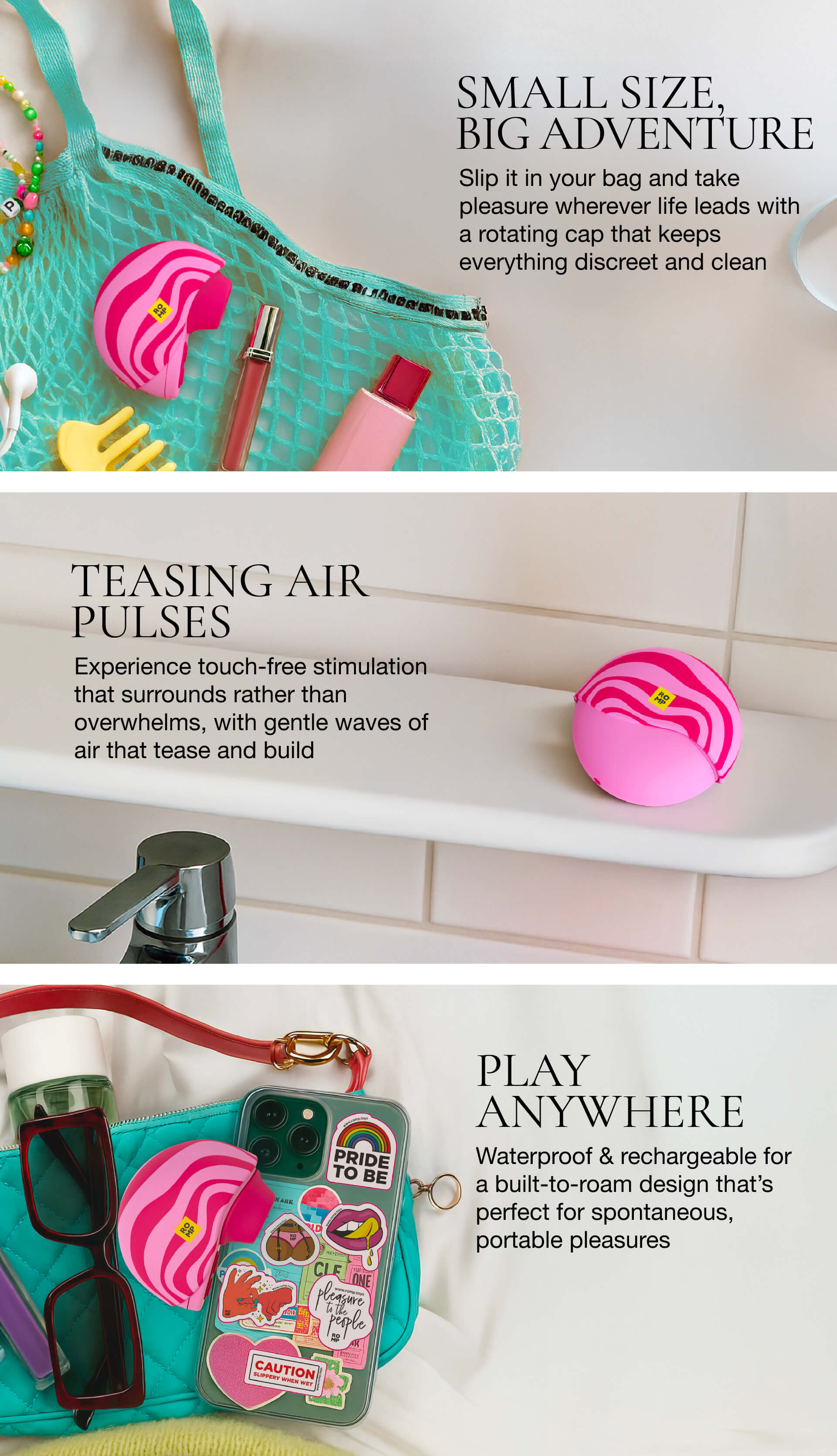 Product with air pulses feature shown in a bag with accessories on a light background