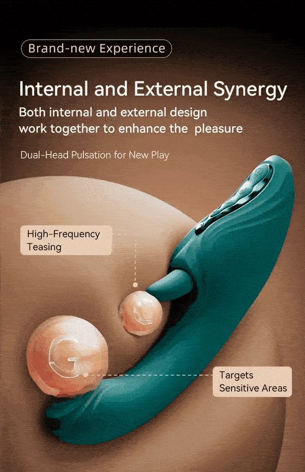 Animated GIF showing dual vibration function of toy alongside promotional text