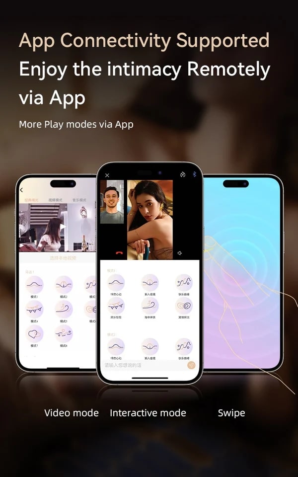 Three smartphones displaying different app modes on a dark background