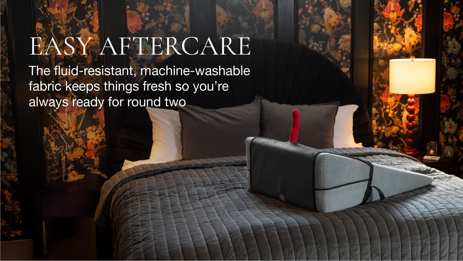 Bed with gray bedding and pillows in a bedroom setting, featuring text about easy aftercare.