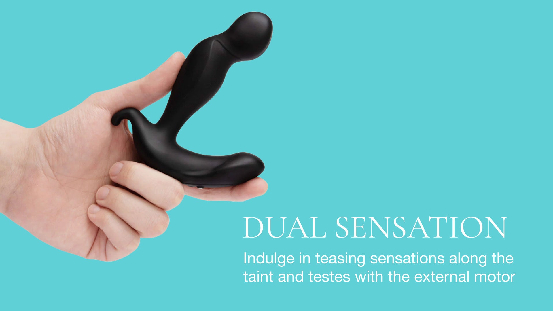 Hand holding a black dual-sensation product against a blue background with text.