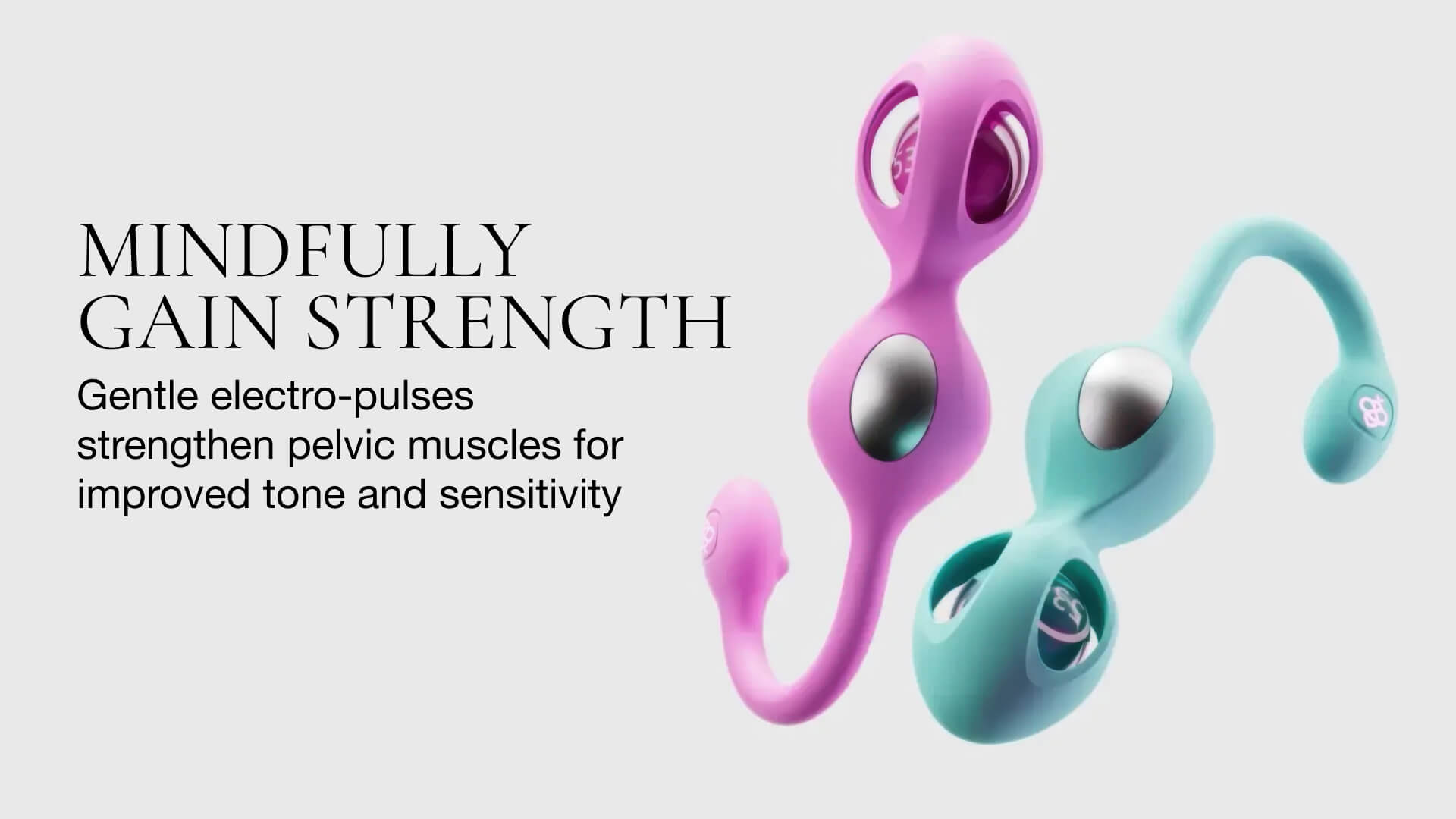Two electronic devices, one pink and one blue, on a white background with text about pelvic muscle strengthening.