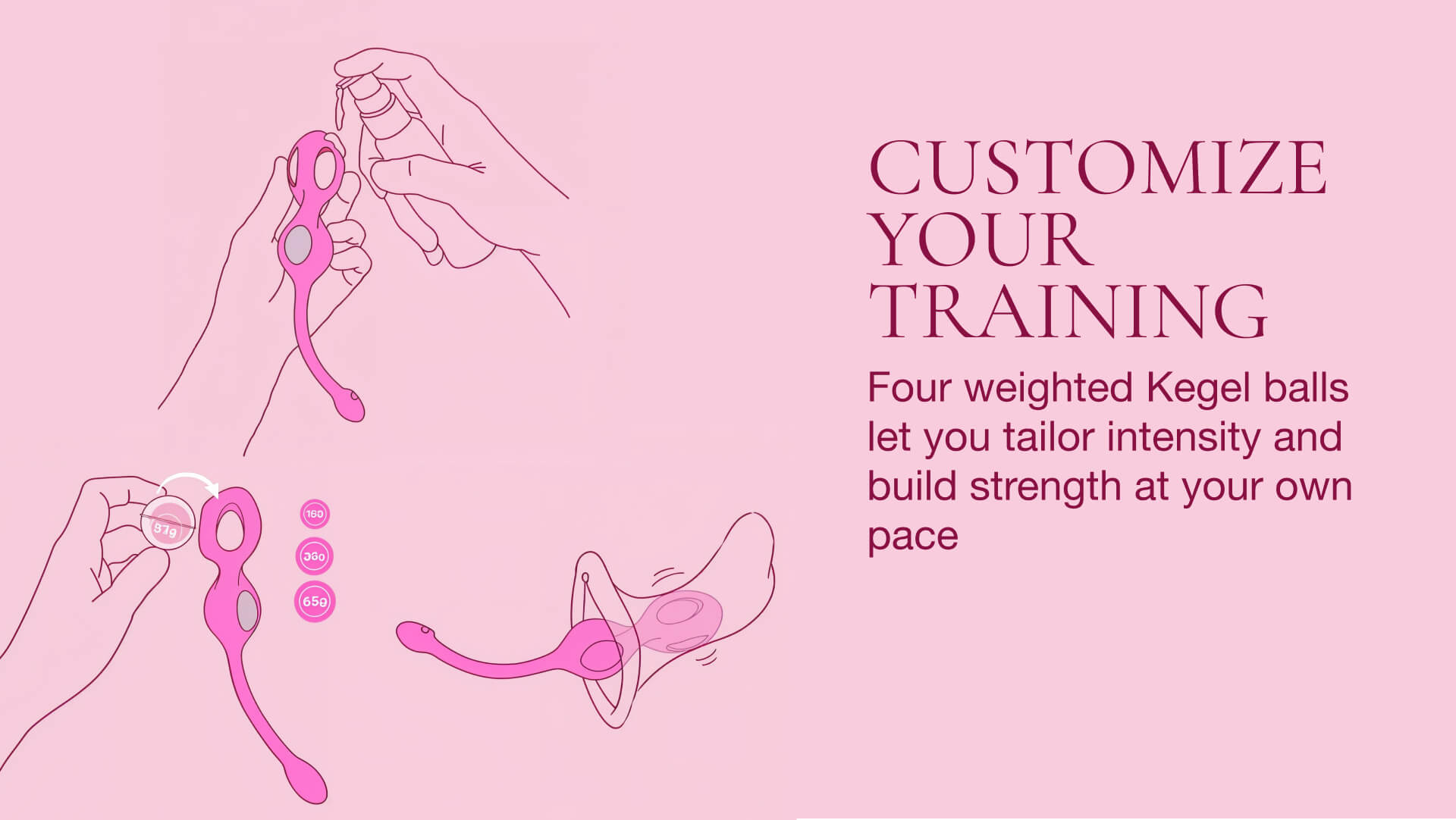 Pink Kegel ball set with instructions on a pink background