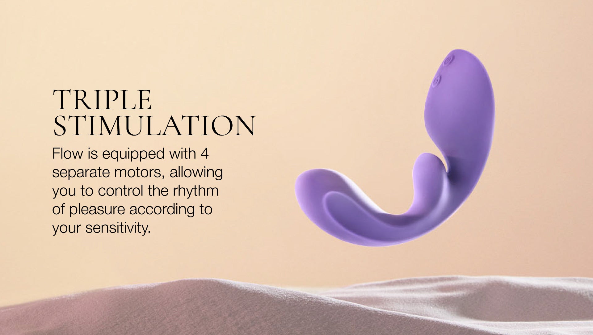 Purple vibrator with text on triple stimulation and motors on a beige background