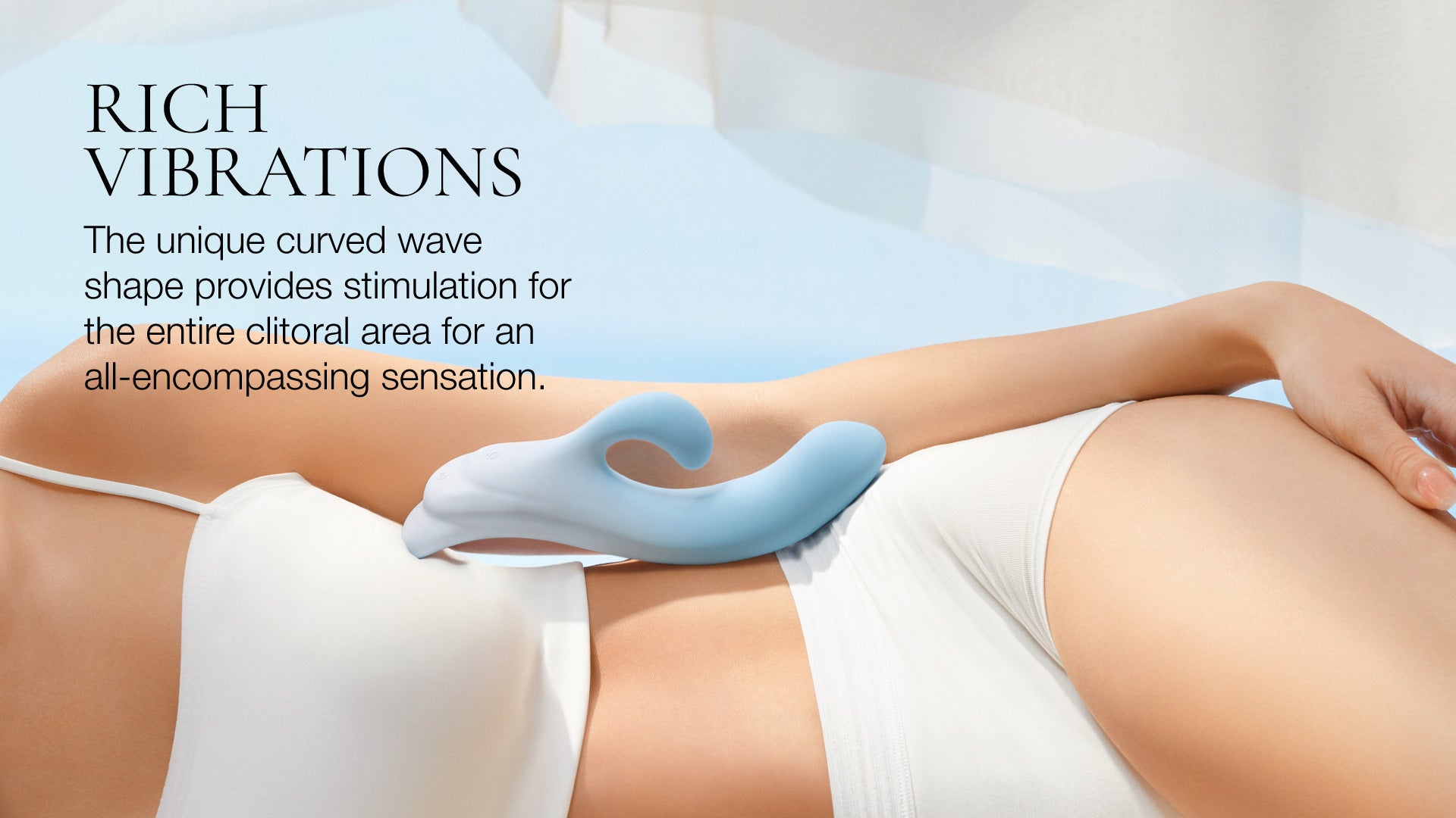 Vibrator wand with text about vibrations and wave shape on a blurred background