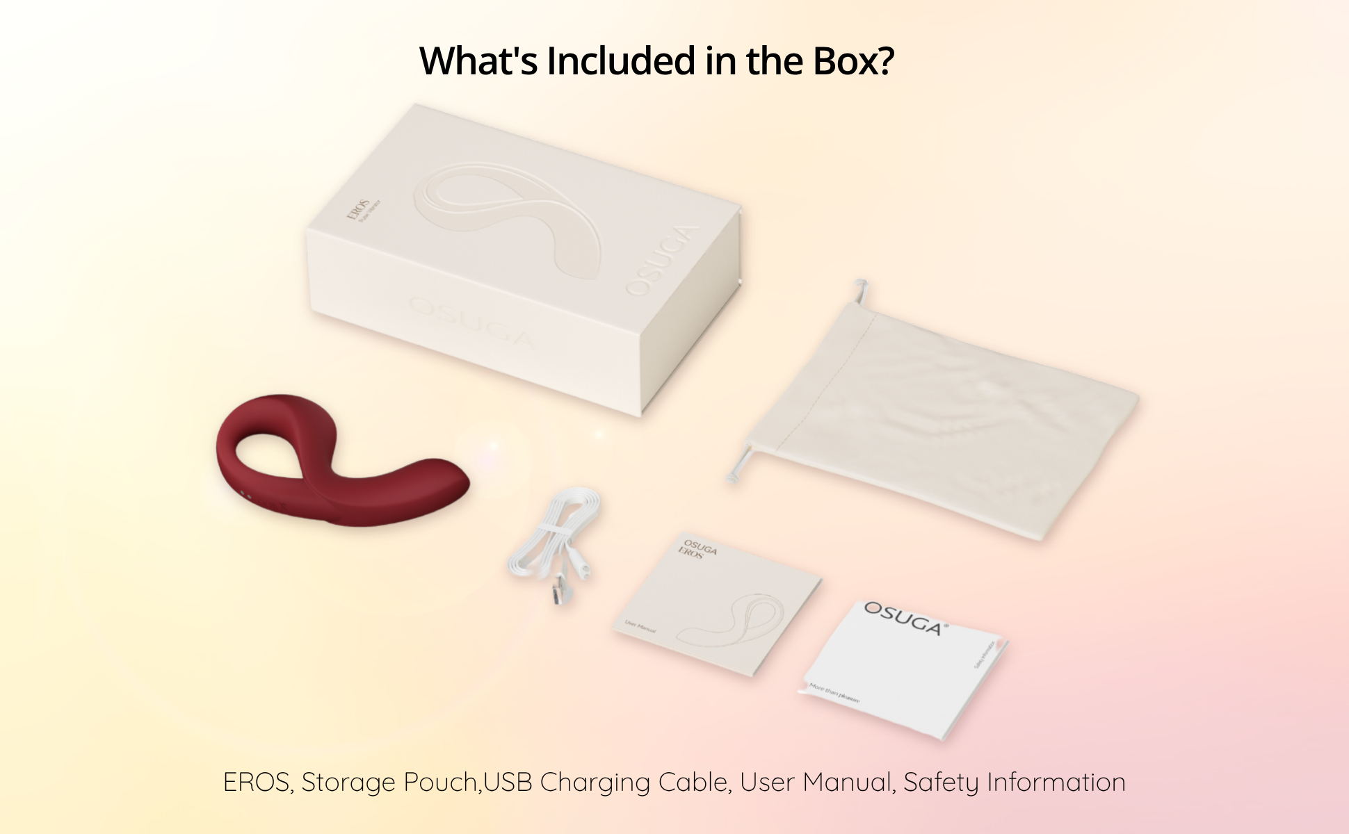Product packaging with EROS, storage pouch, USB charging cable, user manual, and safety information on a light pink background.